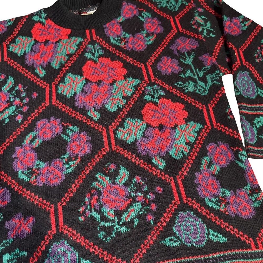 Vintage 80s Headliners pink green floral henley sweatshirt Med black USA - Picture 8 of 10
